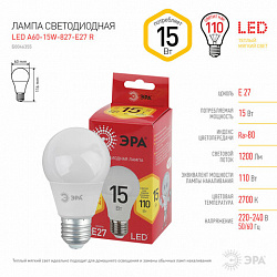 Лампа светодиодная ЭРА RED LINE, 15 (110) Вт, цоколь Е27, груша, теплый белый свет, 30000 ч., LED A60-15W-827-E27R, Б0046355