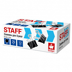 Зажимы для бумаг STAFF ECO, КОМПЛЕКТ 12 шт., 25 мм, на 100 листов, черные, картонная коробка, 274032