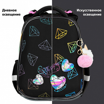 Ранец BRAUBERG LUMINOUS, 2 отделения, с брелоком, "Бриллианты", СВЕТЯЩИЙСЯ РИСУНОК, 38х29х16 см, 272070