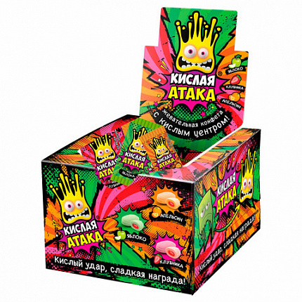 Конфета жевательная КИСЛАЯ АТАКА с кислым центром, ассорти 3 вкусов, 4,5 г, KA-1-1