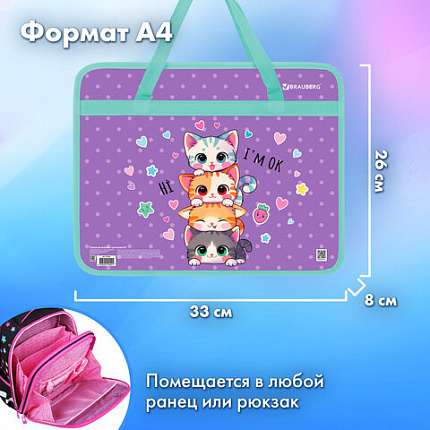 Папка на молнии с ручками BRAUBERG А4, 1 отделение, пластик, 80 мм, "Funny kittens", 273368