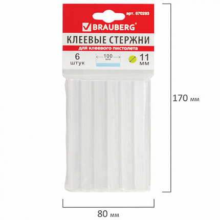 Клеевые стержни, диаметр 11 мм, длина 100 мм, прозрачные, комплект 6 шт., BRAUBERG, европодвес, 670293