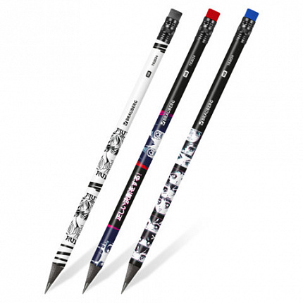 Карандаш чернографитный с принтом BRAUBERG "MANGA", 1 шт, HB,с ластиком, корпус ассорти, 182024