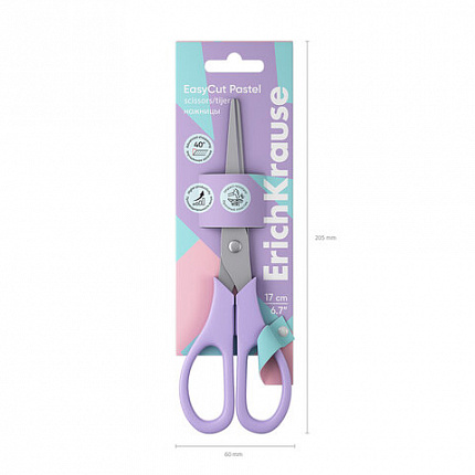 Ножницы ERICH KRAUSE "EasyCut Pastel" 170 мм, цвет ассорти, в картонной упаковке с европодвесом, 60875