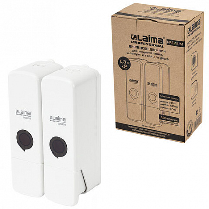 Дозатор двойной 2 х 0,3 л для жидкого мыла/шампуня/геля LAIMA PREMIUM, НАЛИВНОЙ, белый, ABS-пластик, 609499