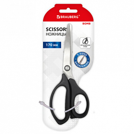 Ножницы BRAUBERG "BOMB", 170 мм, графитовый цвет, 2-х сторонняя заточка, эргономичные, 238857