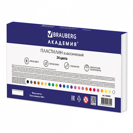 Пластилин классический BRAUBERG "АКАДЕМИЯ", 24 цвета, 480 г, со стеком, ВЫСШЕЕ КАЧЕСТВО, 105899