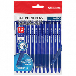 Ручки шариковые автоматические BRAUBERG A-30 "WRITING 3.0", КОМПЛЕКТ 12 ШТ, СИНИЕ, пишущий узел 0,5 мм, линия письма 0,25 мм, 144340