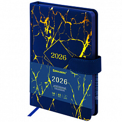 Ежедневник датированный 2026 А5 138x213 мм, BRAUBERG "Goldy", под кожу, цветной срез, синий, 117472