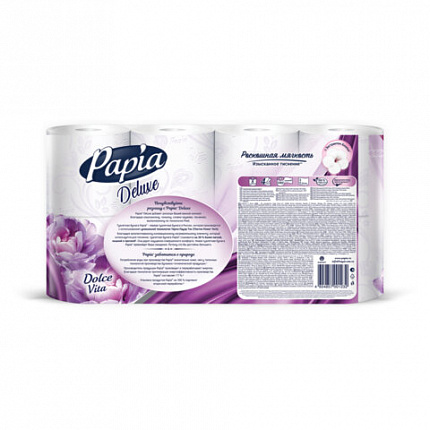 Бумага туалетная быт., спайка 8 шт., 4-слойная (8х16,5м), PAPIA DELUXE, аромат Dolce, 5080749