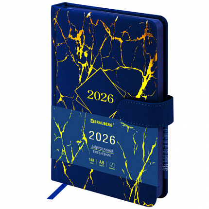 Ежедневник датированный 2026 А5 138x213 мм, BRAUBERG "Goldy", под кожу, цветной срез, синий, 117472