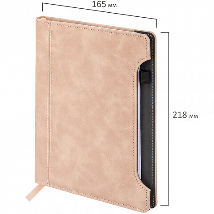 Блокнот А5 165x218 мм, BRAUBERG "Perfect", под кожу софт-тач, держатель для ручки, 80 листов, клетка, бежевый, 116617