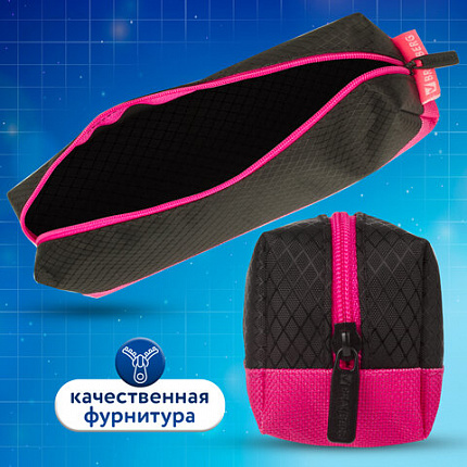 Пенал-косметичка BRAUBERG, мягкий, "Black&Bright", черно-розовый, 21х5х5 см, 229006