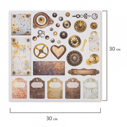 Бумага для скрапбукинга 30х30 см "Стимпанк", двусторонняя, 12 листов, 12 дизайнов, 180 г/м2, ОСТРОВ СОКРОВИЩ, 662769