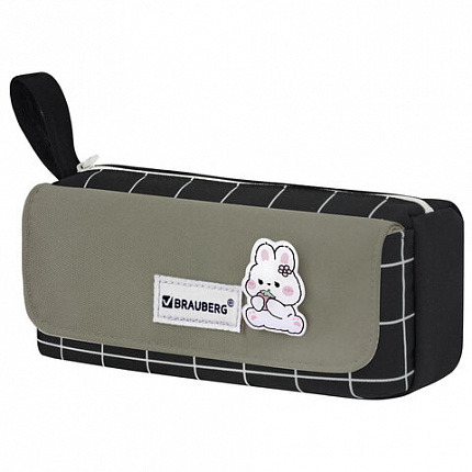 Пенал мягкий BRAUBERG, 1 отделение, карман на липучке, значок, 22х10х6 см, "Black checkered", 273579