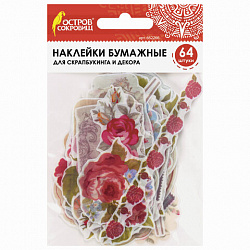 Наклейки для скрапбукинга РОЗЫ из washi-бумаги, 64 штуки, 32 дизайна, ОСТРОВ СОКРОВИЩ, 662266