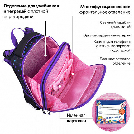 Ранец BRAUBERG PREMIUM, 2 отделения, с брелком, "Neon cat", 38х29х16 см, 271352