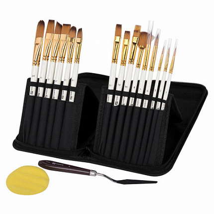 Кисти художественные набор 15 шт + мастихин в пенале, белые, синтетика, BRAUBERG ART