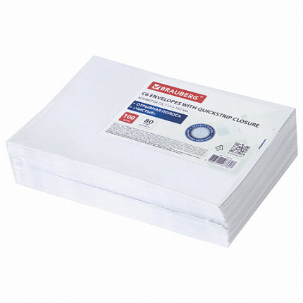 Конверты С6 (114х162 мм), отрывная лента, внутренняя запечатка, 80 г/м2, КОМПЛЕКТ 100 шт., BRAUBERG, 112190, С6НКРс(BRAUBERG