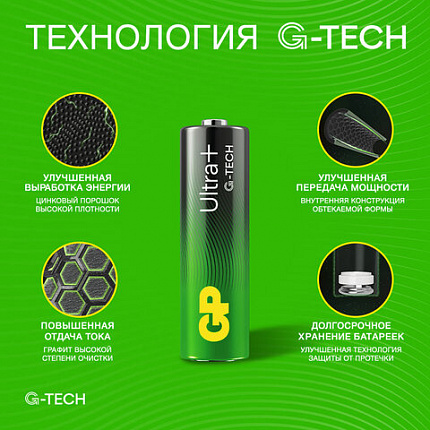 Батарейки КОМПЛЕКТ 8 шт., GP Ultra Plus G-Tech, AA (LR6), алкалиновые, пальчиковые, 15AUPA21-2CRB8