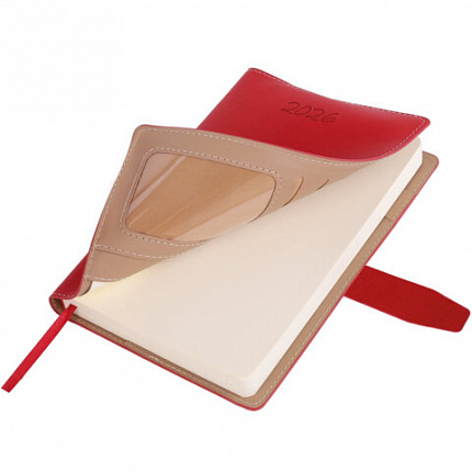 Ежедневник датированный 2026, А5, 143х218 мм, BRAUBERG "Journal", под кожу, застежка, держатель для ручки, органайзер, красный, 117380