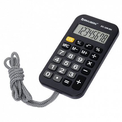 Калькулятор карманный со шнурком BRAUBERG DC-109-BK (61x110 мм), 8 разрядов, ЧЕРНЫЙ, 272642