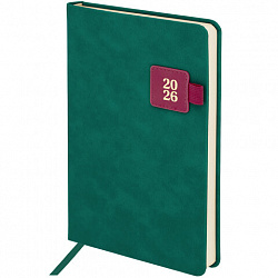 Ежедневник датированный 2026 А5 138х213 мм, BRAUBERG "Accent", под кожу, держатель, зеленый/бордо, 117387
