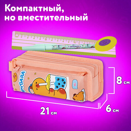 Пенал ЮНЛАНДИЯ ЮНИОР, 2 отделения, с ручкой, полиэстер, "Capybara", 21х8х6 см, 273814