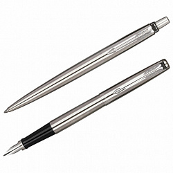 Набор PARKER "Jotter Stainless Steel GT": шариковая ручка синяя и перьевая ручка синяя, 2093258