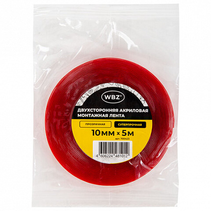 Монтажная прозрачная суперпрочная двухсторонняя лента 10 мм х 5 м, акриловая, толщина 1 мм, WBZ (ВБЗ), 700423