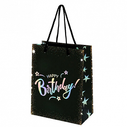 Пакет подарочный (1 штука) 18х10х23 см (M), "Happy Birthday", ассорти, глиттер, фольга, ЗОЛОТАЯ СКАЗКА, 700806