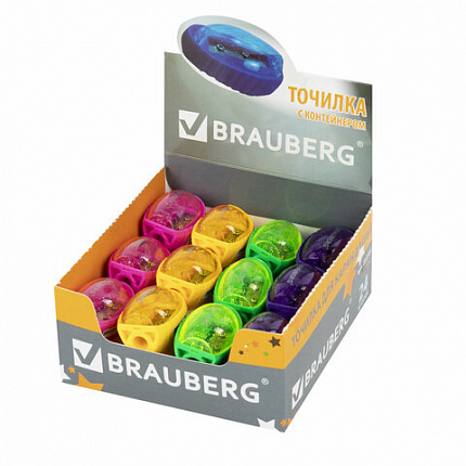 Точилка BRAUBERG "Shuttle", с контейнером, эллиптическая, ассорти, в картонном дисплее, 222505