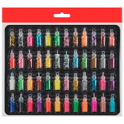 Блестки для декора НАБОР 48 видов по 2 грамма, в стеклянных тубах ОСТРОВ СОКРОВИЩ, 665681