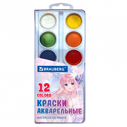 Краски акварельные BRAUBERG 12 цветов "Аниме", медовые, круглые кюветы, 192552