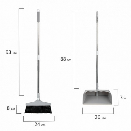 Совок для мусора КОМПЛЕКТ щетка + рукоятки 59-93см телескоп, регулируемый угол щетки, крепление тряпок, бело-серый, колорбокс, LAIMA, 608952