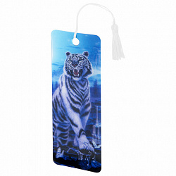 Закладка для книг с линейкой 3D-ОБЪЕМНАЯ BRAUBERG, "Белый тигр", с декоративным шнурком, 125754
