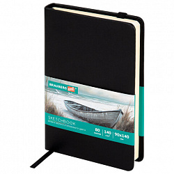 Скетчбук, слоновая кость+белая 140 г/м2, 90х140 мм, 80 л., КОЖЗАМ, резинка, BRAUBERG ART CLASSIC, черный, 116871