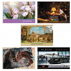 Альбом для рисования, А4, 48 листов, спираль, обложка картон, HATBER, 205х300 мм, "Ассорти (5 видов)", 051886, 48А4Всп