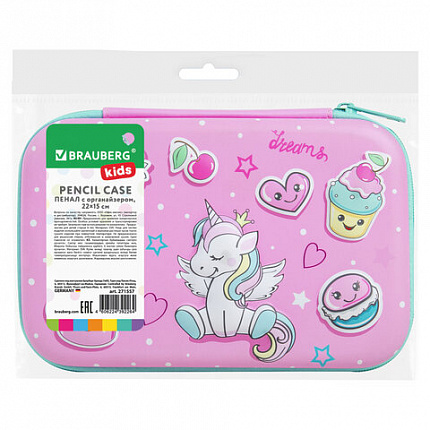 Пенал BRAUBERG KIDS большой удобный с откидной планкой, EVA, 22х15х4 см, "Unicorn dreams", 271557