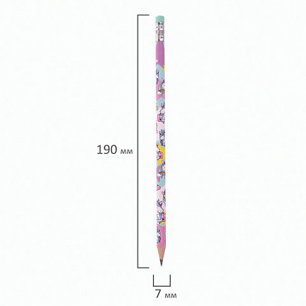 Карандаш чернографитный ЮНЛАНДИЯ "ЕДИНОРОГИ", 1 шт., HB, с ластиком, корпус ассорти, 181780