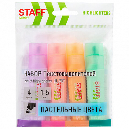 Набор текстовыделителей 4 ПАСТЕЛЬНЫХ ЦВЕТА, STAFF "EVERYDAY HL-707", линия 1-5 мм, скошенный наконечник, 152549