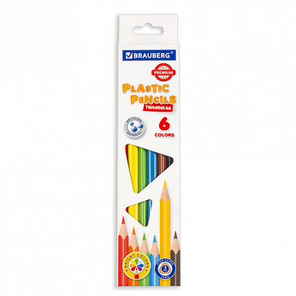 Карандаши цветные BRAUBERG PREMIUM, 6 цветов, пластиковые, трехгранные, грифель мягкий 3 мм, 181660