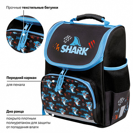 Ранец ПИФАГОР BASIC, 1 отделение, 3 кармана, эргономичная спинка, "Злая акула", 35х28х18 см, 272044