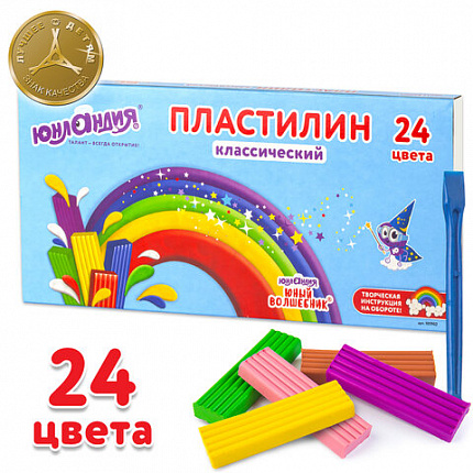 Пластилин классический ЮНЛАНДИЯ "ЮНЫЙ ВОЛШЕБНИК", 24 цвета, 480 г, со стеком, ВЫСШЕЕ КАЧЕСТВО, 105902