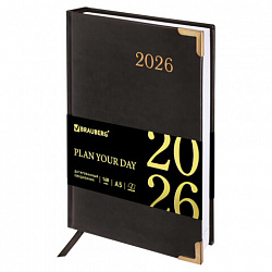 Ежедневник датированный 2026, А5, 138x213 мм, BRAUBERG "Senator", под кожу, черный, 117094