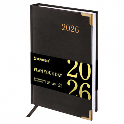 Ежедневник датированный 2026, А5, 138x213 мм, BRAUBERG "Senator", под кожу, черный, 117094