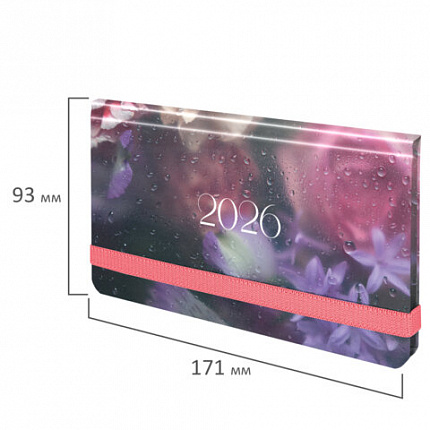 Еженедельник датированный 2026 с резинкой 171х93 мм, BRAUBERG, твердый, УФ-ЛАК, 64 л., "Цветы", 117348