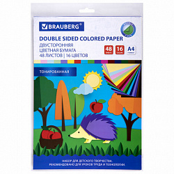 Цветная бумага А4 ТОНИРОВАННАЯ В МАССЕ, 48 листов 16 цветов, склейка, 80 г/м2, BRAUBERG, 113504