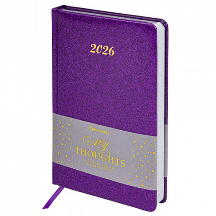 Ежедневник датированный 2026 А5 138x213мм BRAUBERG Sparkle, под кожу, блестки, фиолетовый, 117438
