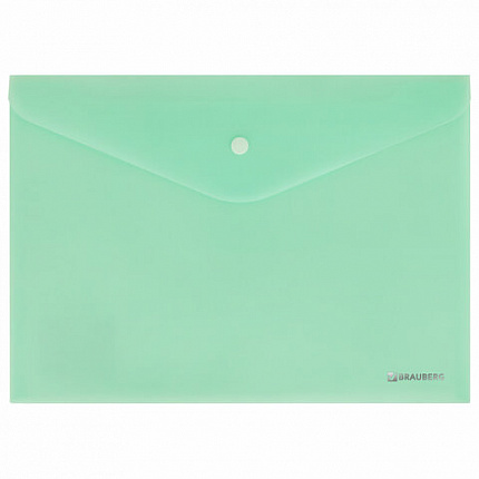 Папка-конверт с кнопкой BRAUBERG "Pastel", А4, матовая непрозрачная, мятная, ПРОЧНАЯ 0,2 мм, 272883